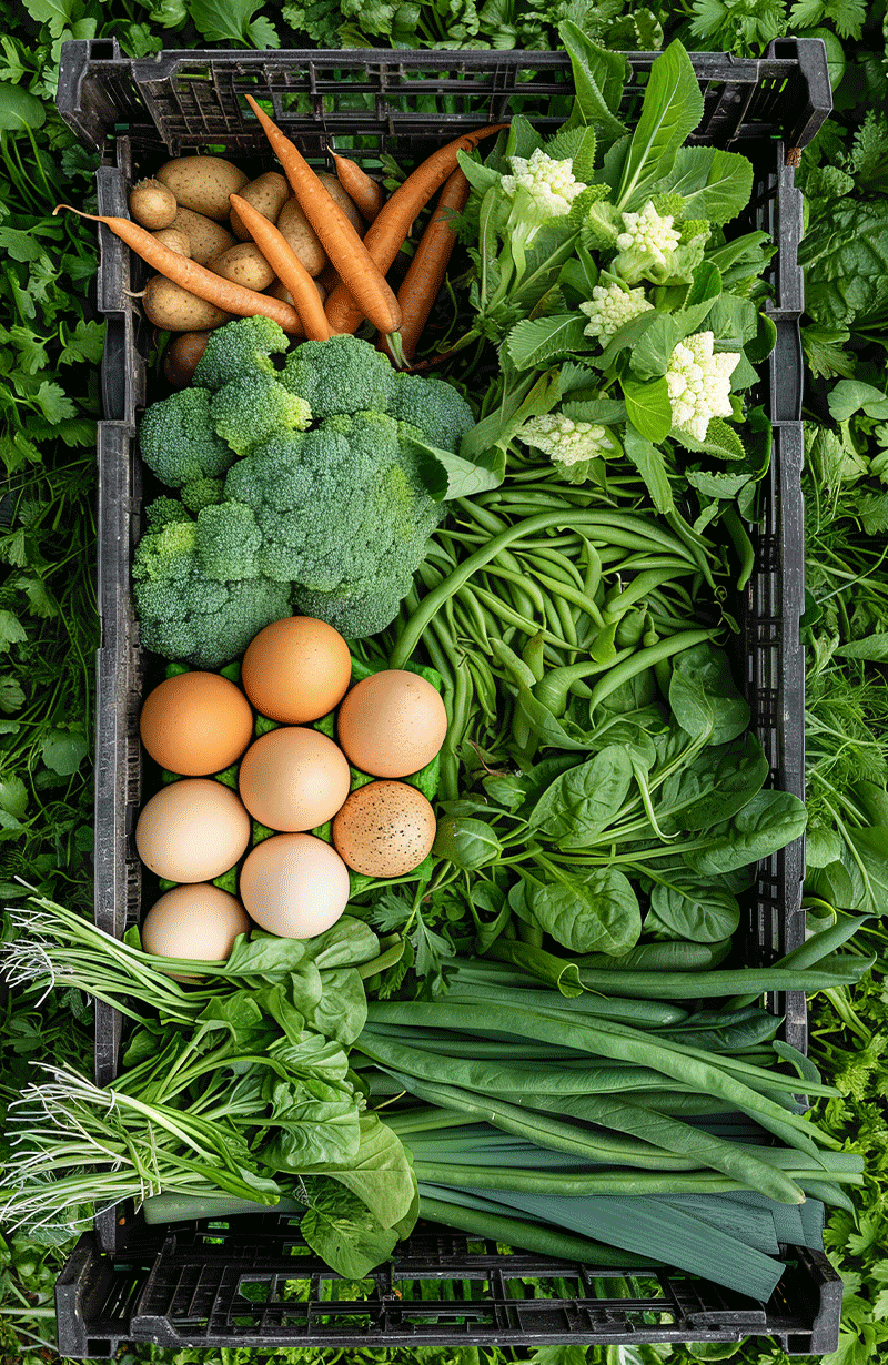 fresh farmers basket with eggs, broccoli and greens